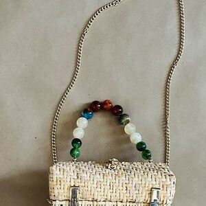 Zara Tan Mini Bag with Woven Texture and Beaded Handle